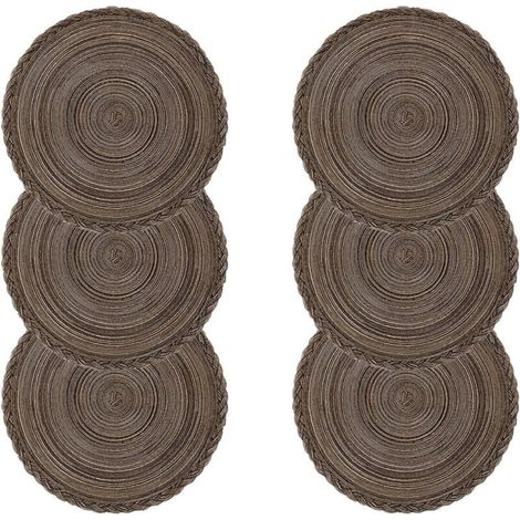 Set of 6 Washable, Heat-Resistant, Non-Slip Braided Cotton Placemats, Round Placemats 38x38cm (Round, Braided - Brown) (1/4)