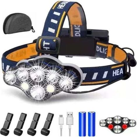 Lampe frontale LED rechargeable, lampe frontale 8 LED extrêmement puissante de 2000 lumens, étanche et légère, idéale pour le camping, la pêche, la spéléologie, le jogging et la randonnée [Classe éner (1/4)