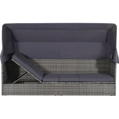 Vidaxl – Lit de jardin avec auvent gris 205x62x124 cm – Résine tressée résistante à l'eau – Zone de couchage réglable – Coussin épais 7 cm