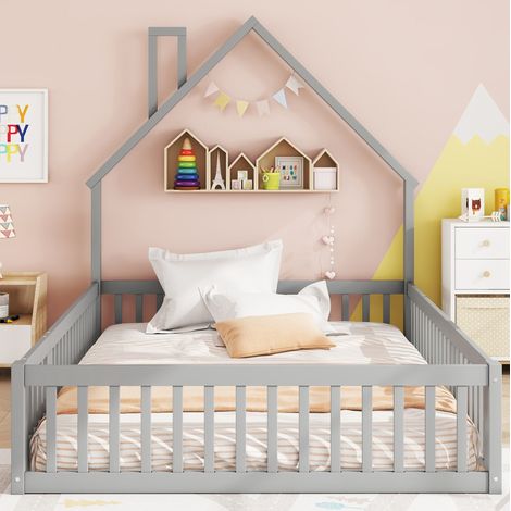 Letto per bambini 140x200 con sponda di sicurezza e rete, camino, grigio HAVRYA (1/5)