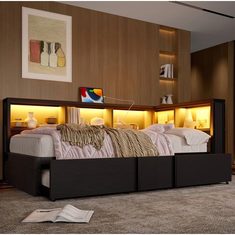 lit adulte couchage rangement 90x200 métal LED noir OKMYHOME (1/5)