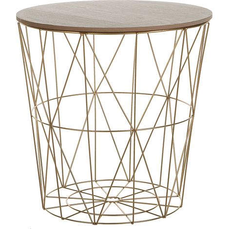 Mesa auxiliar de madera clara con tapa extraíble almacenamiento cesta de alambre de metal dorado Lanark (1/5)