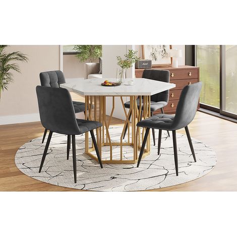 Ensemble de salle à manger avec table hexagonale effet marbre et 4 chaises en velours gris (1/5)