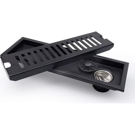 Black - rectangular floor drain, shower floor drain 30 x 10 cm, black floor drain with stainless steel grate, suitable for WC, bathroom, kitchen, balcony (1/5)