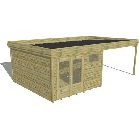 ABRI DE JARDIN bois Pin autoclave 27mm - 6,94x4,34m / 30,1m2 - Bac acier - Plancher bois