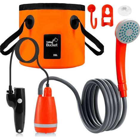 Gistuch – Douche de camping portable (avec seau de 20 litres) – Tuyau souple de 2 mètres – Débit de 2,5 à 3,5 litres par minute – Moteur haute puissance rechargeable via USB