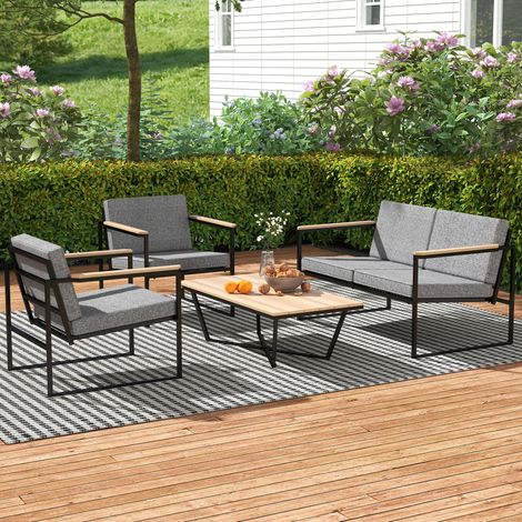 Set di mobili da giardino resistenti alle intemperie per 4 persone, set di mobili da balcone con divano a 2 posti, 2 sedie, cuscini e tavolino, grigio.