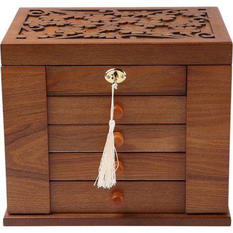 Boîte à bijoux en bois pour femme - Organiseur en bois massif avec serrure à combinaison pour bijoux, colliers, bagues - Boîte de rangement de style vintage avec miroir (cerise) (1/5)
