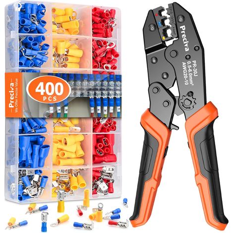 Pince à Sertir, 0.5-6mm², 18 Types, 400pcs Cosses Electriques, AWG20-10, Isolées pour Réparations Électriques (1/5)