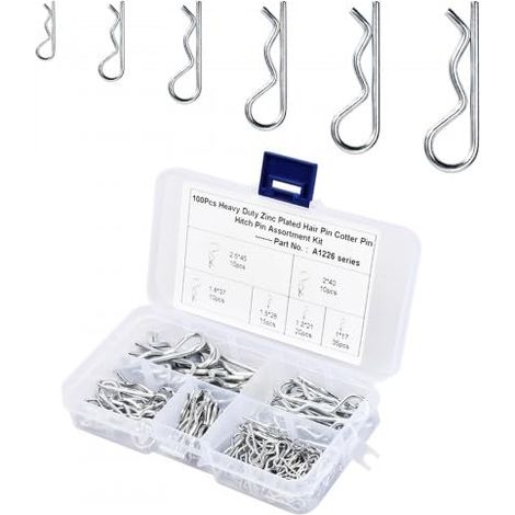 Lot de 100 goupilles R-Cotter - 6 tailles - Assortiment de broches à ressort - Goupilles de sécurité pour attelages de remorque, voitures et outils de jardin - Acier inoxydable (1/5)