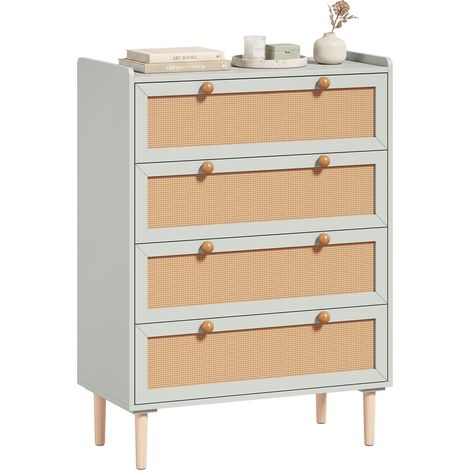 Commode - HOMCOM - 4 tiroirs, bohème, pour chambre à coucher, entrée, couloir - bois, rotin PVC - 80 x 40 x 109,2 cm - vert sauge (1/5)