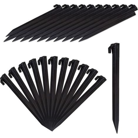 Piquet de fixation, lot de 64 sardines de tente, piquets d\\'ancrage, pour sol et jardin, 31 cm de long, plastique, noir (1/4)