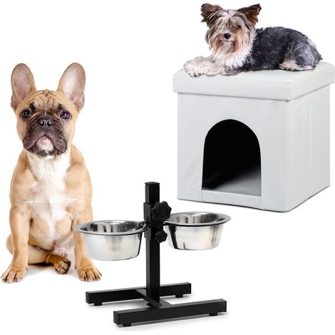 2 tlg Set Home Sweet Hund Deluxe M, Hundebox weiß, Sitzhocker mit Tierhöhle, Doppelnapf höhenverstellbar, Futterstation (1/5)