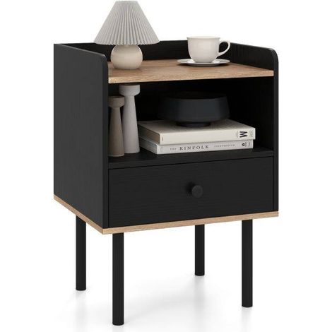 Table d'appoint noire avec tiroir, étagère ouverte et pieds métalliques pour salon, chambre et petits espaces (1/5)