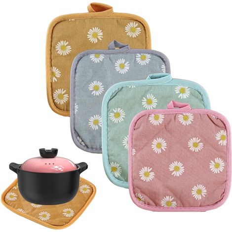Juego de 4 manoplas de cocina de algodón, 17x17 cm, con un pequeño estampado de margaritas, lavables, para cocinar y hornear.