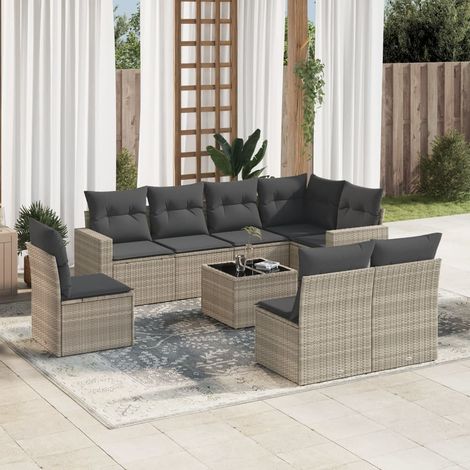 Set muebles jardín 9 pzas y cojines ratán sintético gris claro vidaXL (1/3)