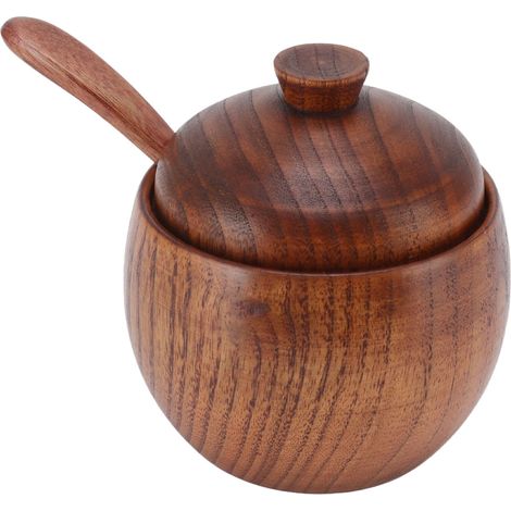 Pot à épices en bois, sucrier, boîte à sel, récipient de rangement pour épices avec couvercle cuillère, ustensile de cuisine (1/5)