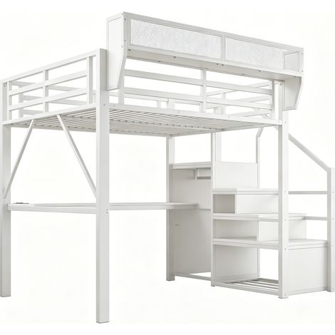 Letto a soppalco in metallo 140 x 200 cm bianco con scrivania, scala e ripiani (1/5)
