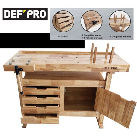 Domac – Établi d'atelier en bois 120 x 62 cm – 4 tiroirs et 1 armoire de rangement – Charge maximale 200 kg – Hauteur de travail 82 cm