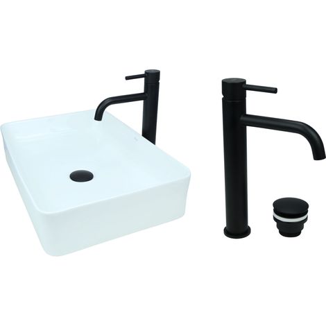 GTM Design Aufsatzwaschbecken 51 cm Glanz Set mit Waschtischbatterie und Stopfen - Aufsatzwaschbecken Rechteckiges für Badezimmer - Modernes Waschbecken ohne Hahnloch - Waschbecken mit Armature (1/5)