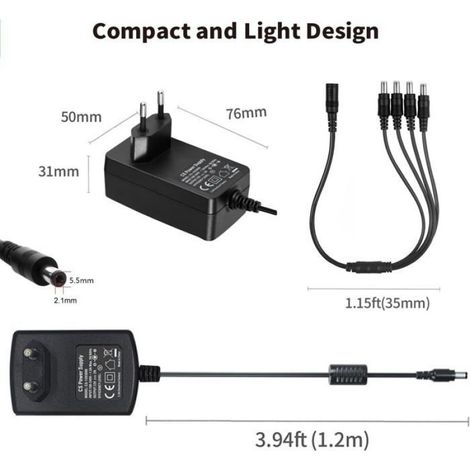 Bloc D'Alimentation Cc 12 V 2 A Pour Caméra De Vidéosurveillance - Prise Européenne - Noir - Pour Dvr + 1 Répartiteur En Y Vers 4 (1/4)