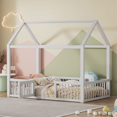 Lit enfant cabane 90x200 cm en bois massif blanc avec barrière et porte — sans matelas
