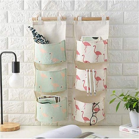 Wall Hanging Storage Bag 2 Packs, Linen Hanging Storage Organiser, Over Door Storage 3 Pockets Storage Bag with Waterproof PE Coated Interior for Door, Wall, Closet, Wardrobe (1/5)
