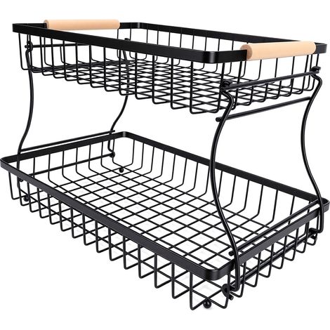Corbeille à fruits à 2 niveaux, organisateur de comptoir de cuisine, structure en fer pliable, rangement pour collations, sans vis, pour fruits, légumes et pain, noir (1/5)