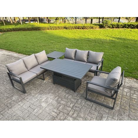 Fimous Aluminium Garden Furniture Sets,7 Seater Outdoor Sofa Dining Set with Adjustable Rising Lifting Dining Table Side Table Cushions for Yard,Poolside, Patio, Dark Grey (1/5)