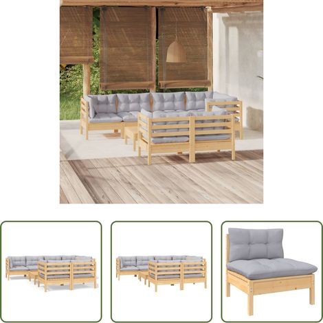 Terrassensofa - 8-tlg. Garten-Lounge-Set mit Grauen Kissen Kiefer Massivholz (1/5)