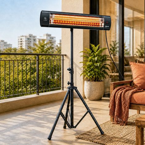 Radiateur Infrarouge sur Pied 2500 W IP65, Télécommande, Minuterie, 3 Niveaux, Hauteur Réglable, 87x81x180cm, Noir (1/5)