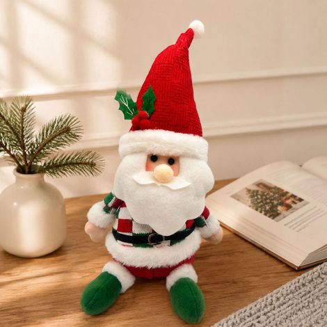 Weihnachtsdekoration: Sitzende Puppe, grün karierte Stoffpuppe „Schneemann“ als Tischdekoration