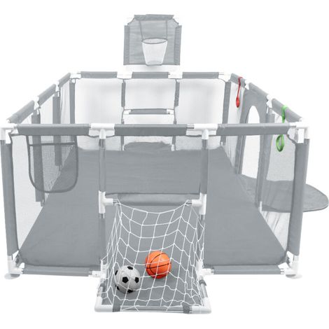 Parc pour bébé avec panier de basket et échelle de football, parc pour bébé, barrière de sécurité, barrière avec entrée et portillon, gris foncé (1/5)