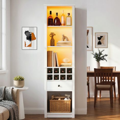 Vitrine de 200 cm avec éclairage LED, bibliothèque dotée d'un tiroir et de 12 compartiments de rangement, objets de collection, vin, meuble pour salon, cuisine, salle à manger ou bureau, blanc, 55 x 4 (1/5)