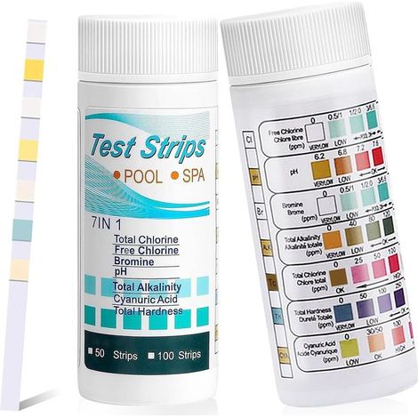 Strisce reattive 7 in 1 per acqua di piscine e spa, confezione da 50 strisce per piscina, per durezza totale, bromo, cloro libero, cloro totale, pH, alcalinità totale e acido cianurico (1/5)