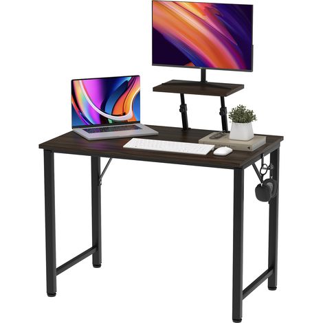 Bureau Multifonction en Bois Massif avec Support Écran & Porte-Casque - 80x40x75cm, Design Moderne pour Étude/Bureau/Repas - Structure Robuste & Organisation Intelligente (1/5)