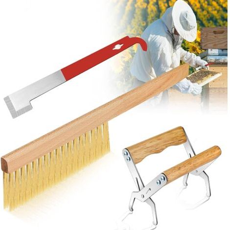 Imkerbedarf, darunter ein Rahmenheber und ein J-Haken-Schaber aus Edelstahl, ein Beutenrahmenheber mit Griff, eine Imkerbürste mit Holzgriff und vieles mehr. (1/5)