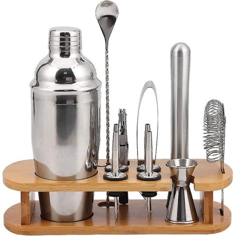 Kit de coctelería de 10 piezas, coctelera de acero inoxidable de 550 ml, colador integrado, medidor doble, cuchara mezcladora, mortero y accesorios para cócteles. (1/5)
