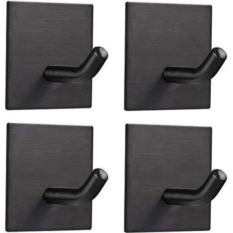 Juego de 4 ganchos autoadhesivos para toallas, de acero inoxidable, resistentes al agua y a la corrosión, para montaje en pared, color negro. No requiere perforación. Ideal para salas de estar. (1/2)
