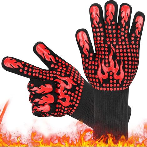 Gants de barbecue résistants à la chaleur jusqu'à 800 °C – Gants de four en fibre aramide et silicone pour barbecue, cuisine, four, barbecue – Antidérapants, respirants et lavables (1 paire, noir) (1/5)