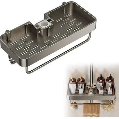 Étagère de douche sans perçage, pour barres de douche de 22 à 25 mm, en aluminium, avec panier de rangement, barre porte-serviettes et crochets, grande capacité de charge, rangement clair (1/5)