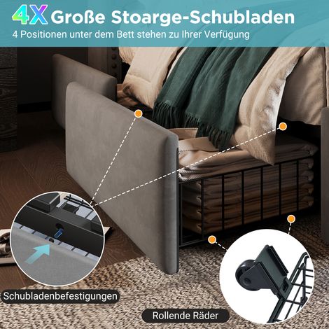 Lit tapissier 160x200, lit double avec 4 tiroirs, éclairage LED et port de charge USB-C, lit de rangement et lit ado avec sommier, velours gris, sans matelas (1/5)