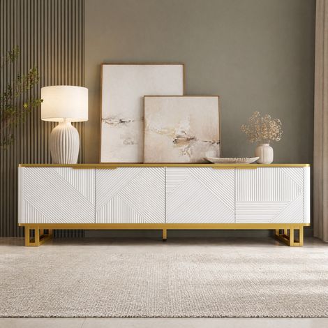 Mobile TV 160x37,5x48 cm in MDF bianco, con contenitore per soggiorno, design moderno FloraGrace (1/5)