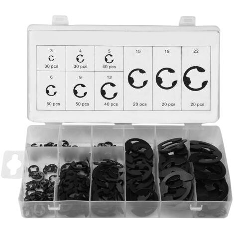 Assortiment de 300 anneaux de retenue en métal noir (clips en E) de 3 à 22 mm, avec boîte.