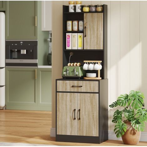 Credenza cucina 60 x 40 x 180 cm in legno naturale e nero, con ripiano aperto, cassetto e piano d’appoggio (1/5)
