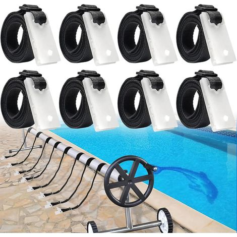 Set di 8 cinghie e clip di fissaggio per coperture per piscine, ricambi per sistemi di tende a rullo, regolabili, cinghie di fissaggio lunghe 1,80 metri.