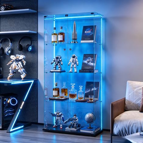 JOOKGBD-Glasvitrine,2 Tür vitrinenschrank 4 Regalen,mit Schloss und LED,Sammlerstücke Glasvitrine,Bücherregal aus Glas,Vertikale Glasvitrine,für Wohnzimmer Schlafzimmer Büro,Lampenkugel-Stil,Schwarz