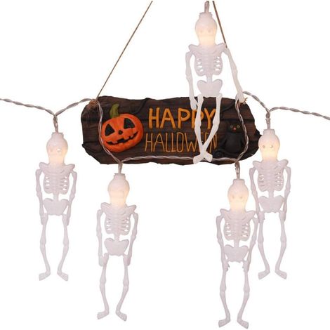 Décoration lumineuse d'Halloween : lanterne citrouille LED fantôme, style squelette blanc, 6 mètres, 40 piles. (1/5)