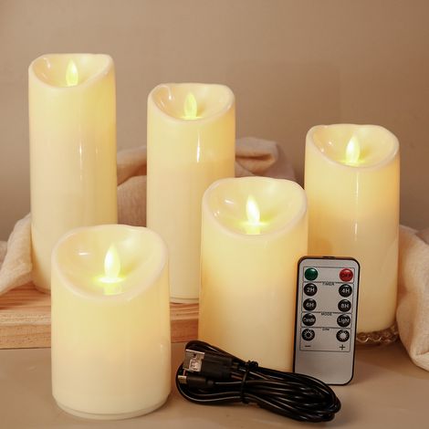 USB Bougies à LED, Ensemble de 5 Bougies décoratives (10 cm, 12.5 cm, 15 cm, 17.5 cm, 20 cm), Bougie sans Flamme de avec télécommande à 10 Touches.Flamme LED Clignotante, Faite de Vraie Cire (1/5)