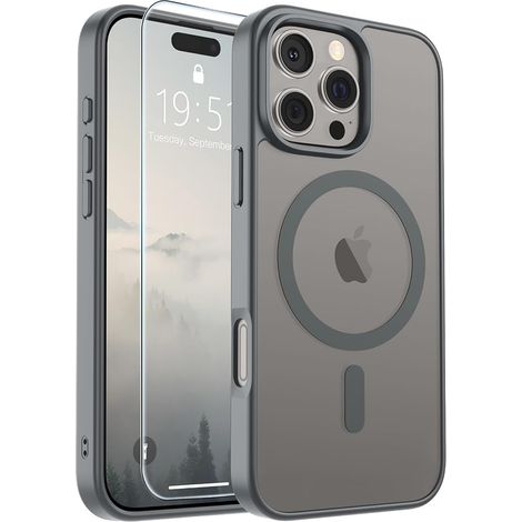 Magnetische SUPFINE-Hülle, kompatibel mit iPhone 16 Pro und MagSafe, Fallschutz nach Militärstandard, fingerabdruckresistente matte Oberfläche, grau (1/5)